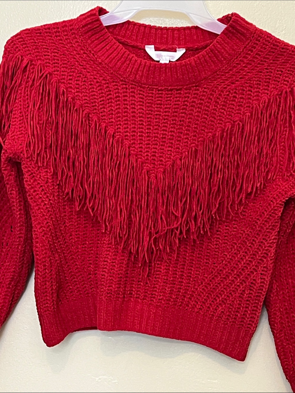 No Boundaries Red Fringe Crewneck Sweater - Women's Scoop/Crew